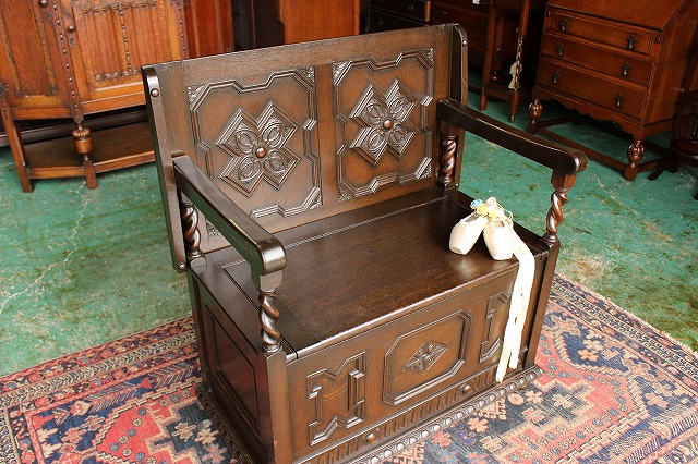 英国アンティーク木製モンクスベンチ/椅子イスチェア/収納机テーブル