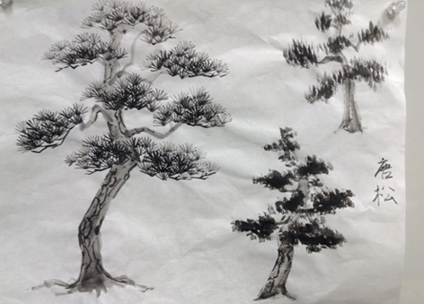 水墨画 シルク製 山水画 松の木 水墨画 シルク製 山水画 松の木