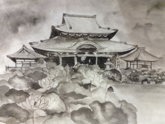 水墨画 ボタンと梅の寺の風景の絵