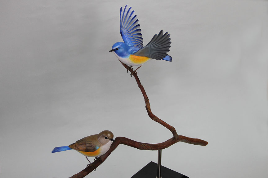 幸せの青い鳥ルリビタキ野鳥彫刻バードカービング木彫りの野鳥