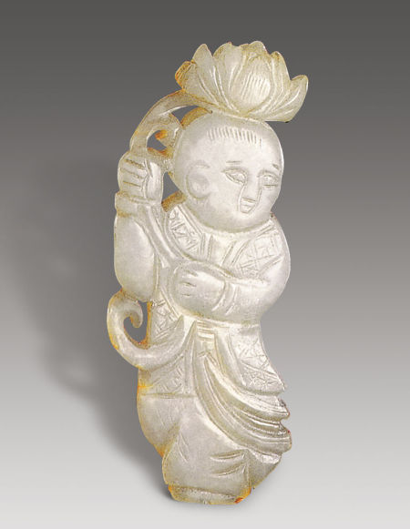 低価，正規品 【B39】宋/元時代？童子持球 白玉彫の飾り物 共