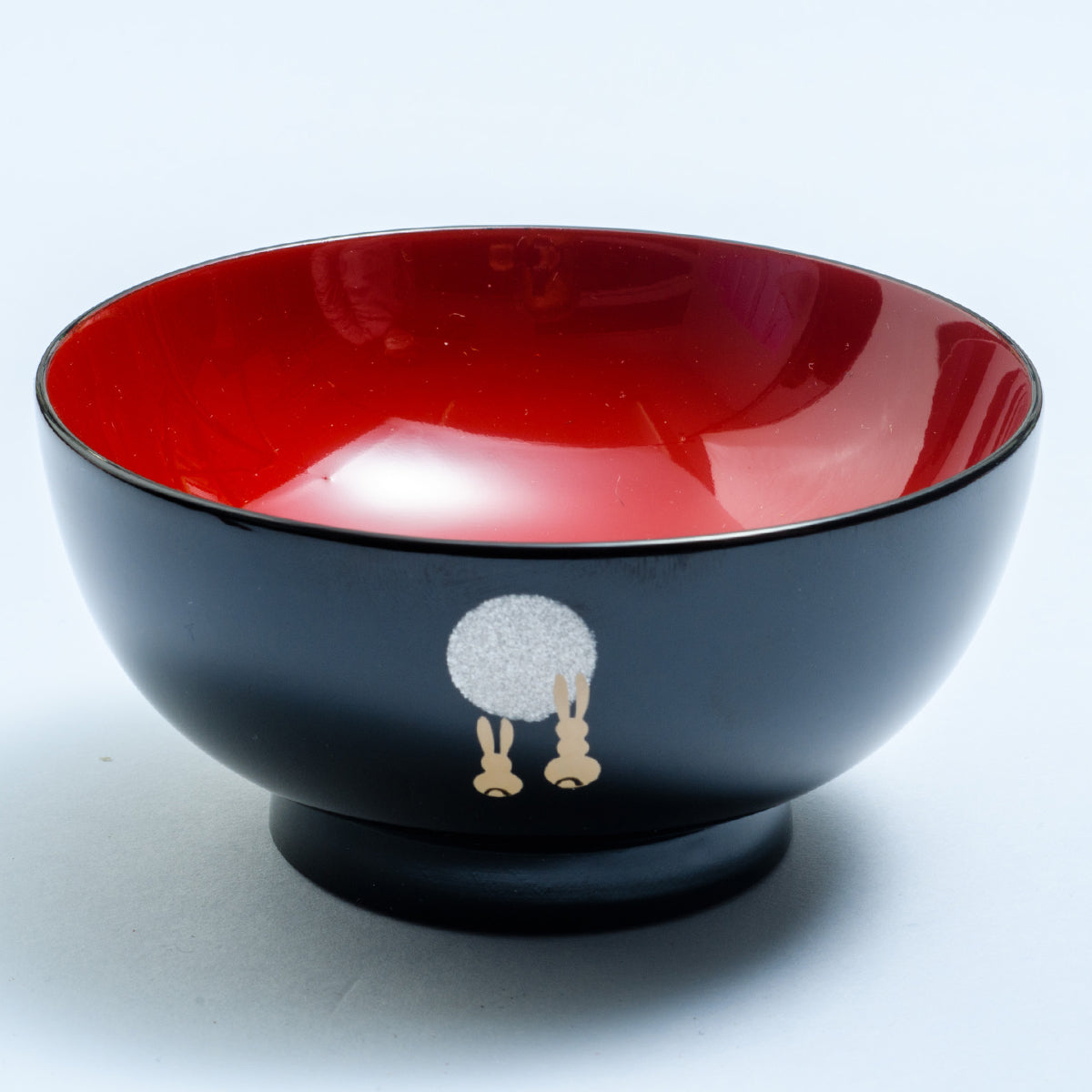 川連漆器 子供椀 月見うさぎ（黒内朱）