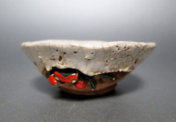 B388s 蟹彫茶碗 蓋付 玉井楽山作 天神蟹 愛媛 伊予 楽山焼 キズ