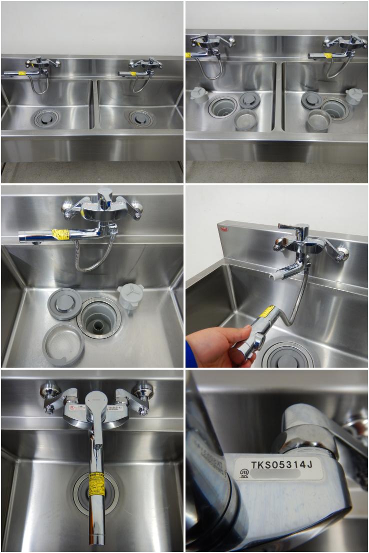 中古】 A06208 2槽シンク 3方枠 シャワー水栓(TOTO)付き マルゼン