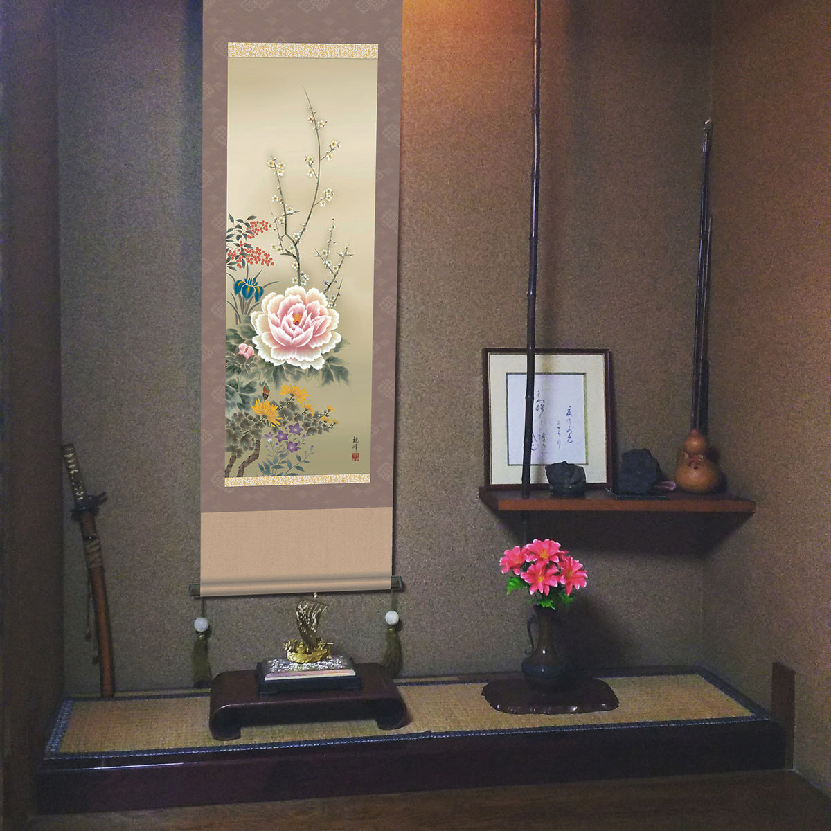 希少】ろうけつ染掛け軸 バラ タペストリー 希少】ろうけつ染掛け軸