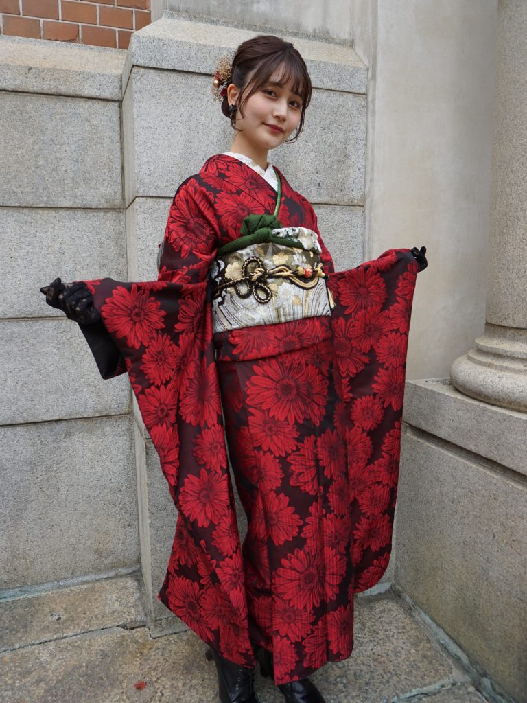 4861 振袖2点セット 成人式卒業式結婚式 赤黒 絞り 帯 正絹