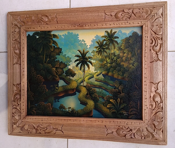 油彩 キャンバス 彫刻額縁 寺院の祭りバリ島 油彩 キャンバス 彫刻額縁