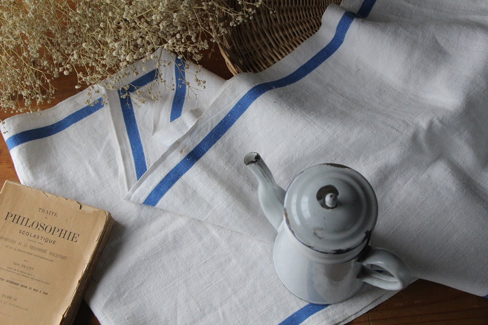 レアなブルーラインキッチンクロス（163x40cm） フランスアンティーク