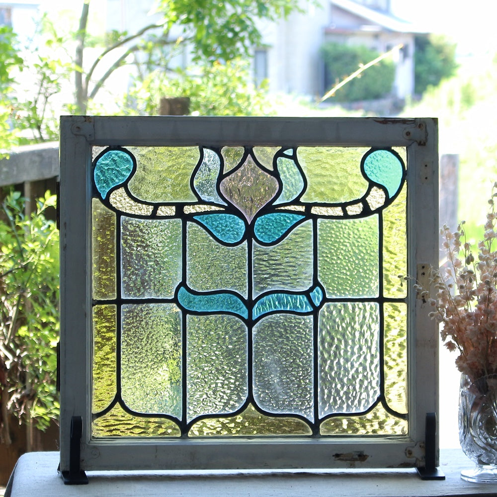 水色とピンクの花模様のステンドグラス イギリスアンティーク 60cm