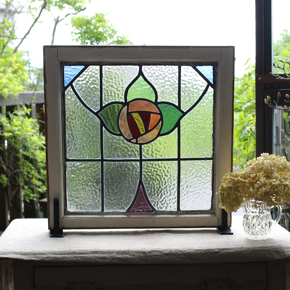 ピンクのバラのステンドグラス イギリスアンティーク 53.5cm×52.5cm