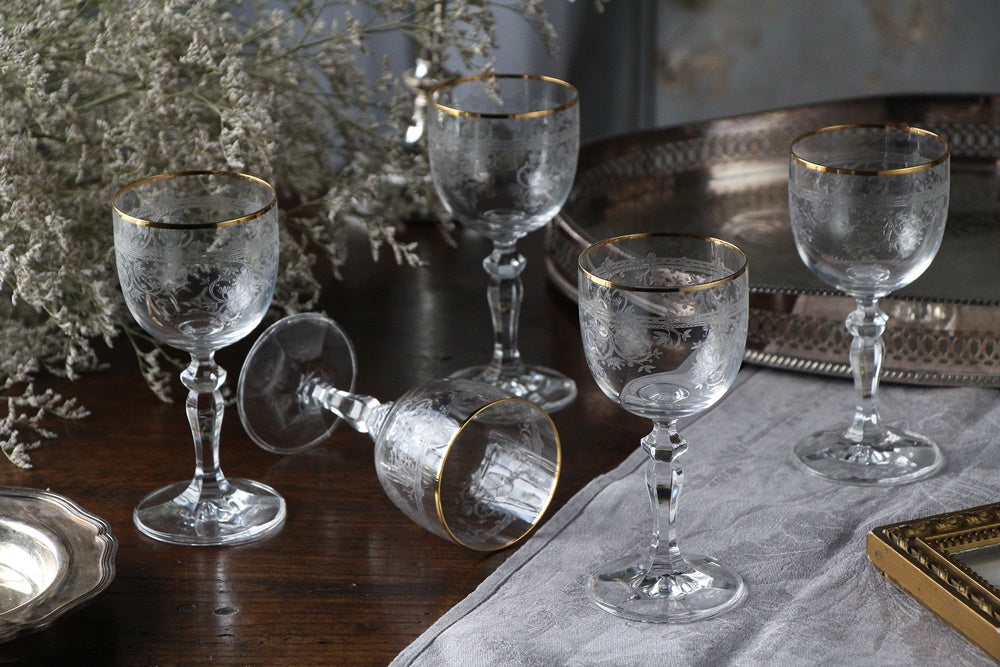 3点あり！ロレーヌ地方デッドストック金彩入り白ワイングラス フランス