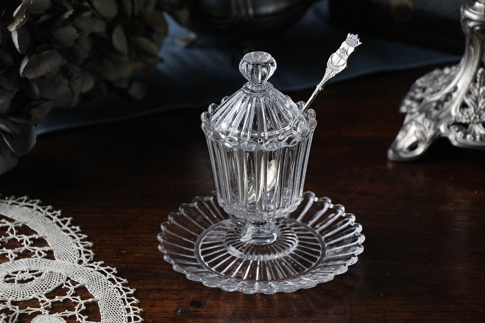 アンティーク】明治骨董 レースカット プレスガラス唐草紋様ウラン