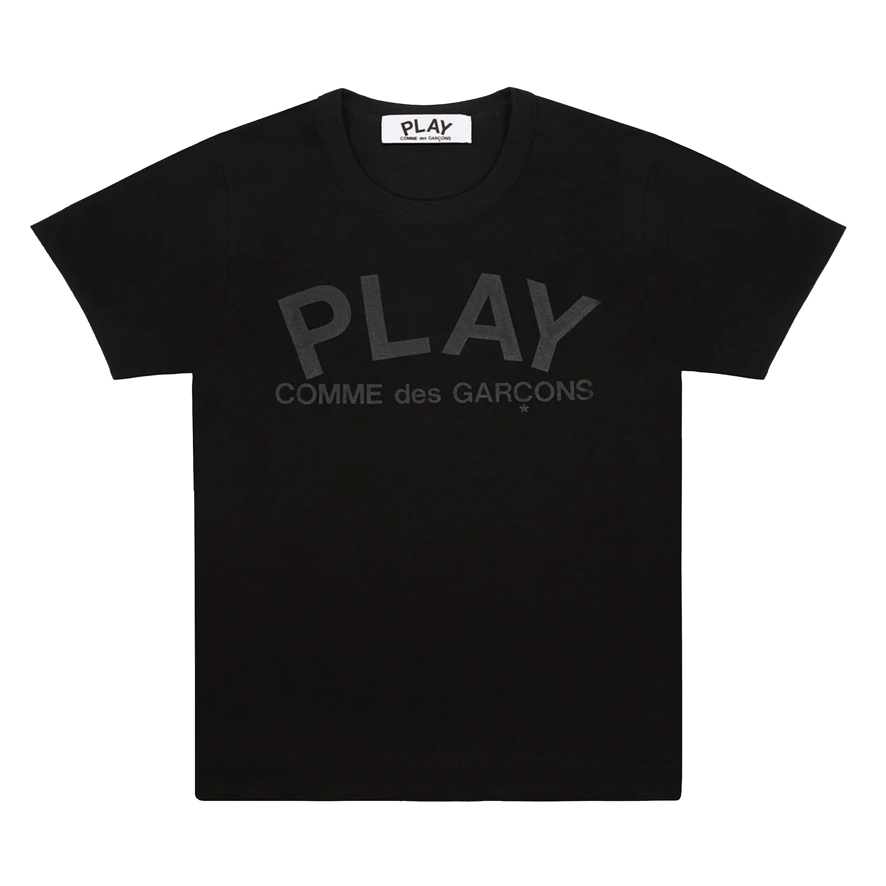 PLAY Black T-Shirt Black Text Screenprint – COMME des GARÇONS