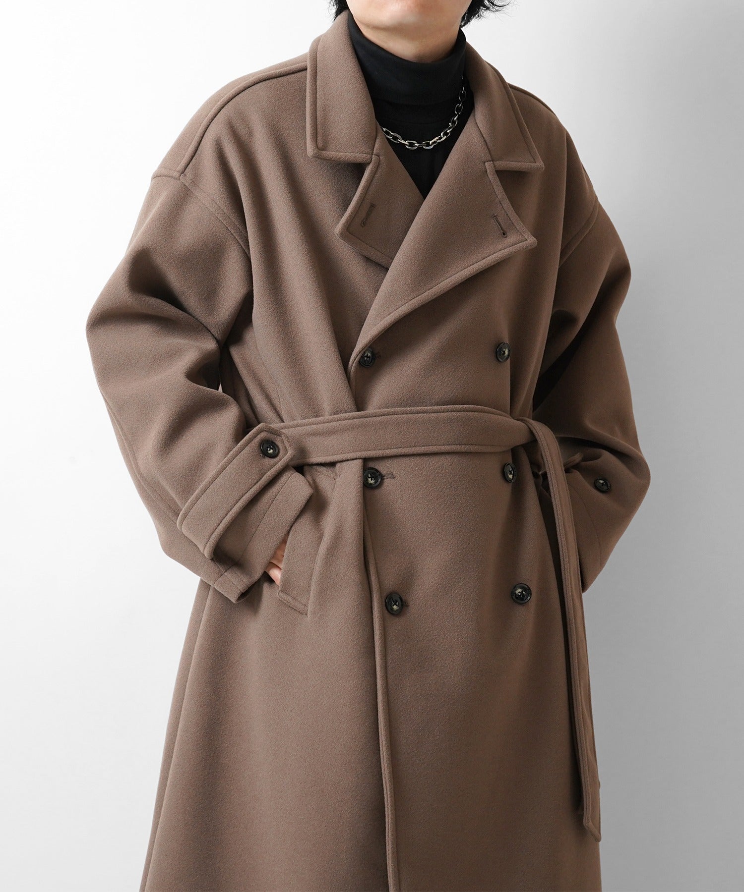 オーバーサイズ ウールライク メルトン スタンドネック ロングトレンチ