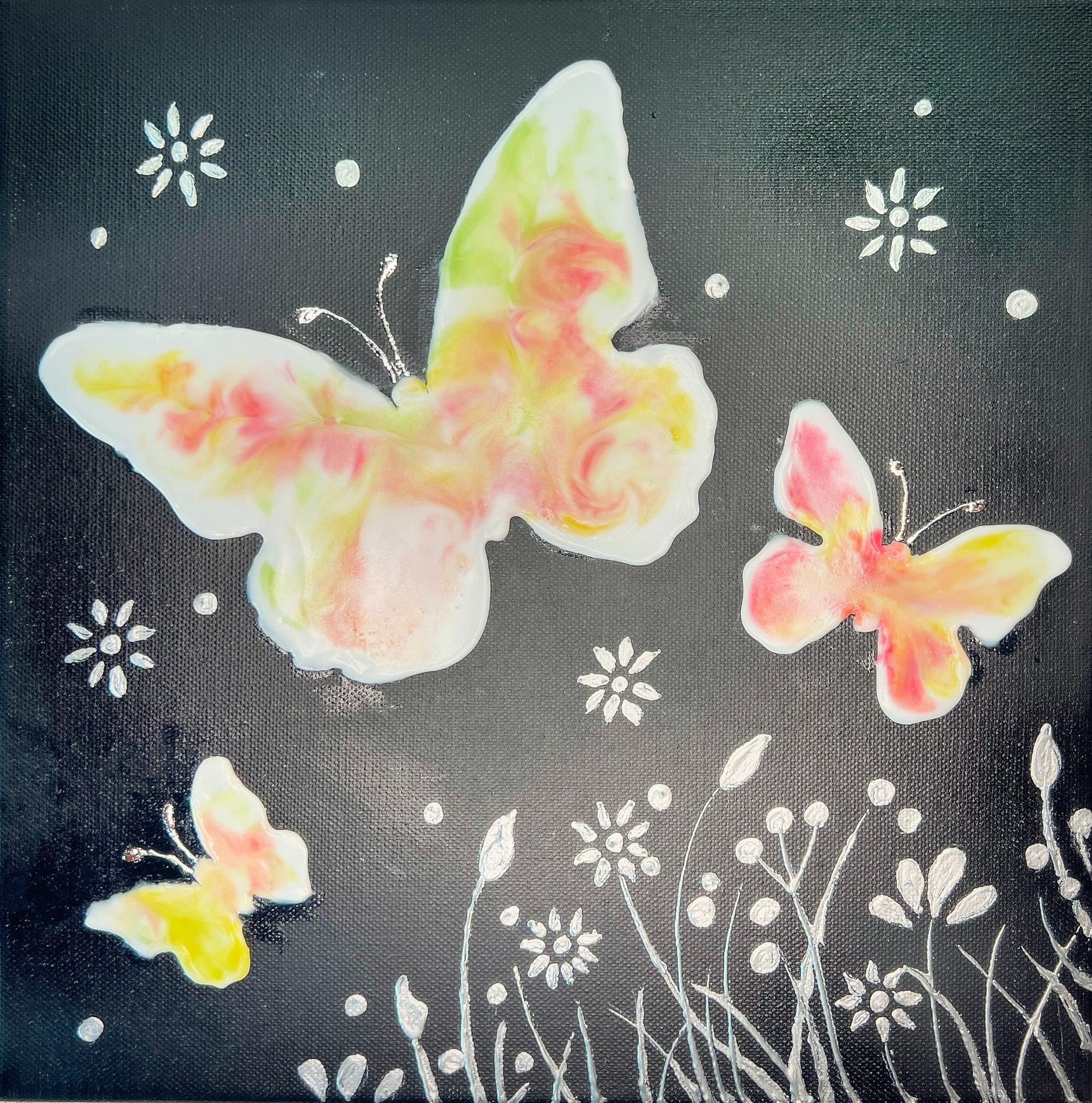 ハイビスカスと蝶々、油彩画 絵画作品「ハイビスカスと蝶」