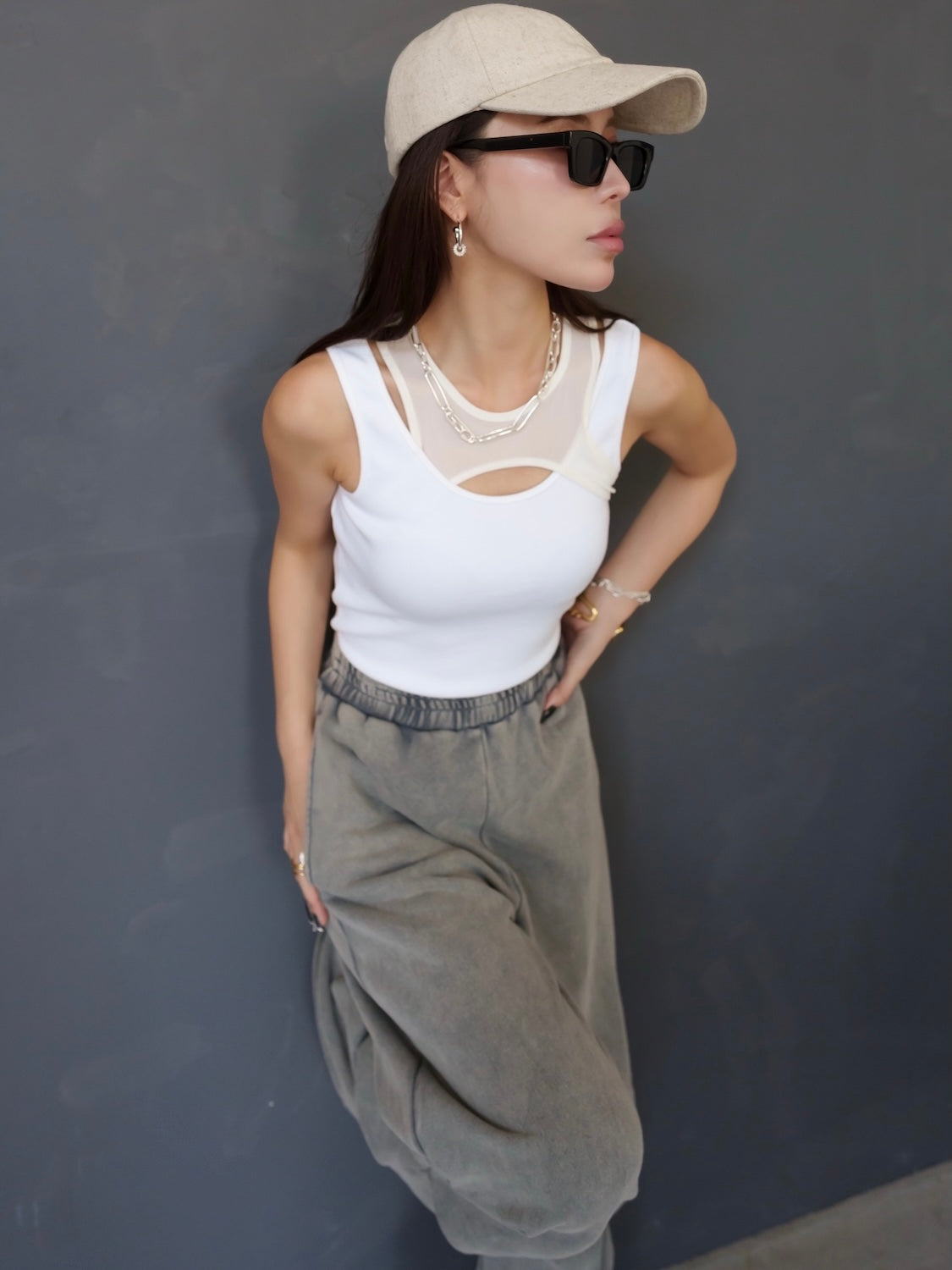 アシンメトリー レイヤー メッシュタンクトップ