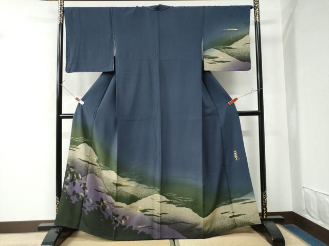 年末価格】平家物語 紺色グラデーション 訪問着 伝統的な和柄 和歌入り