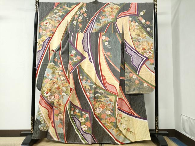 平和屋着物 平和屋着物□豪華振袖 絞り 駒刺繍 桧扇花文 正絹