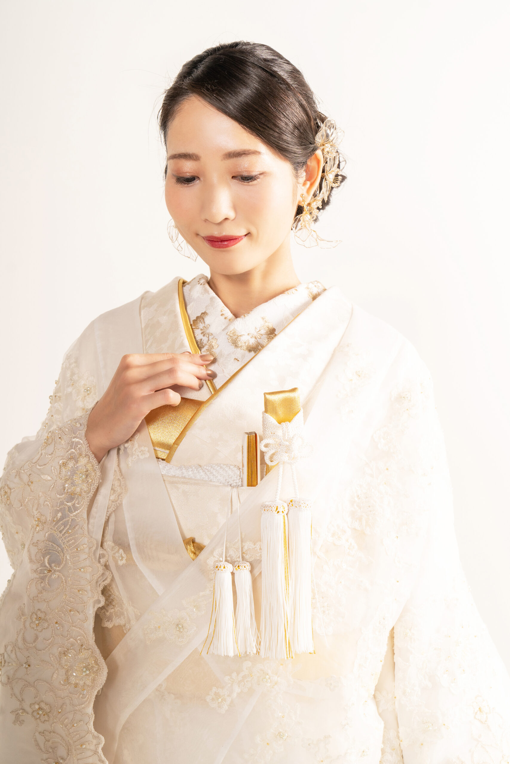 504w5☆引き振袖 掛下 比翼 鶴 白 オフホワイト☆美品 結婚式