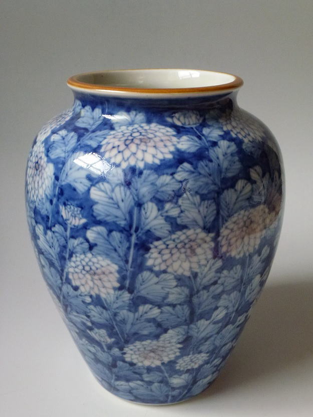 河本礫亭 『河本礫亭』作 色絵染付華唐草図花瓶☆高