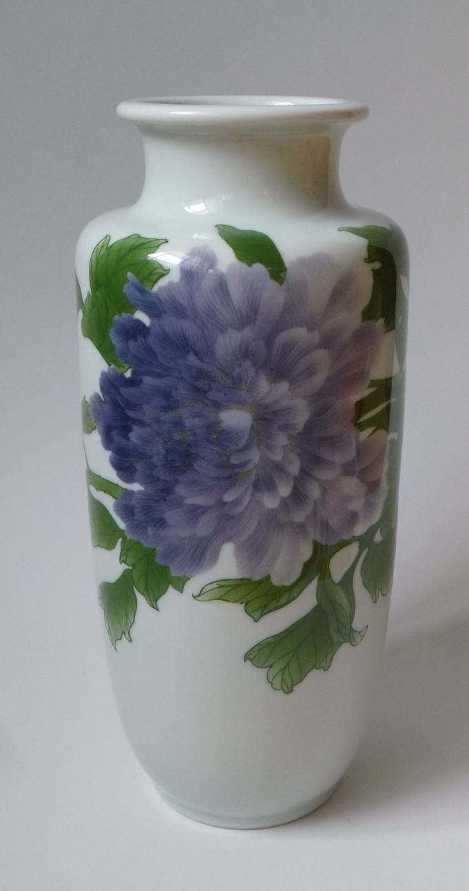 真葛香山、宮川香山、牡丹文花瓶 真葛香山 宮川香山 黄釉 青華 梧桐