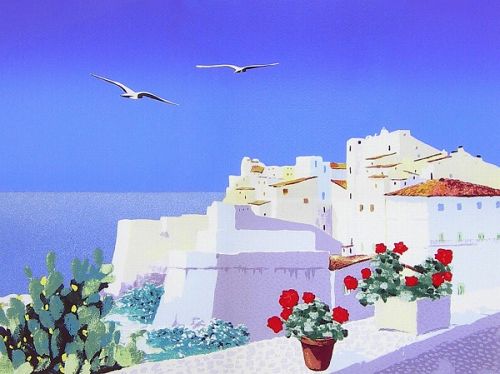 イタリア画家サルボ「エーゲ海への細道」シルクスクリーン版画 本人