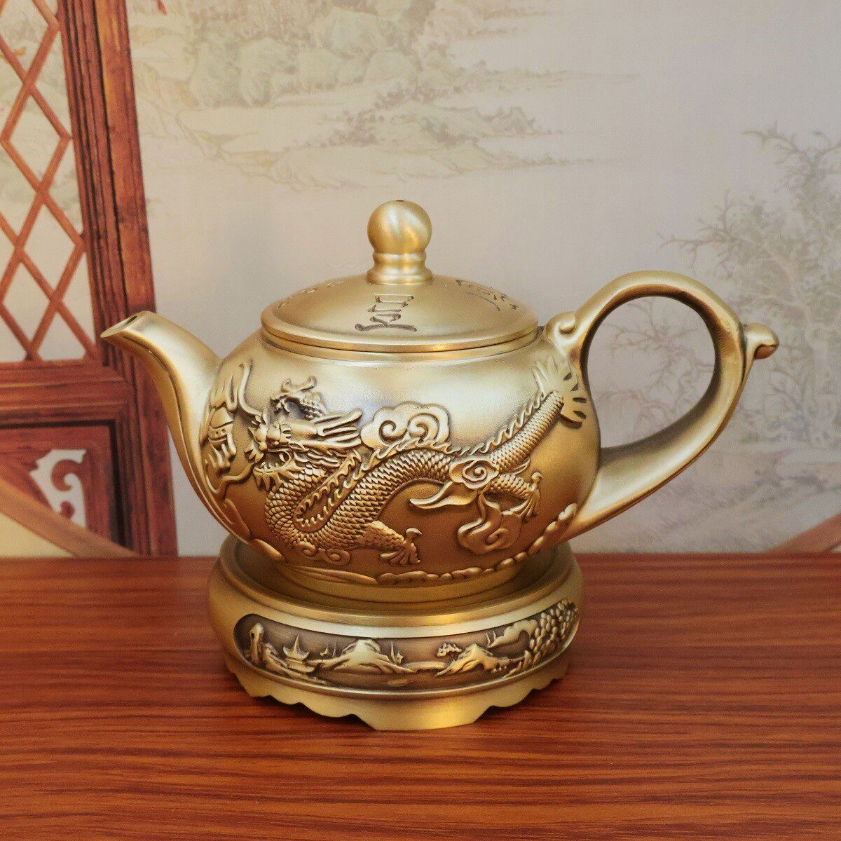 純銅提梁龍鳳茶壺 工芸品 美術品 置物 龍鳳呈祥提梁茶壺 酒壺