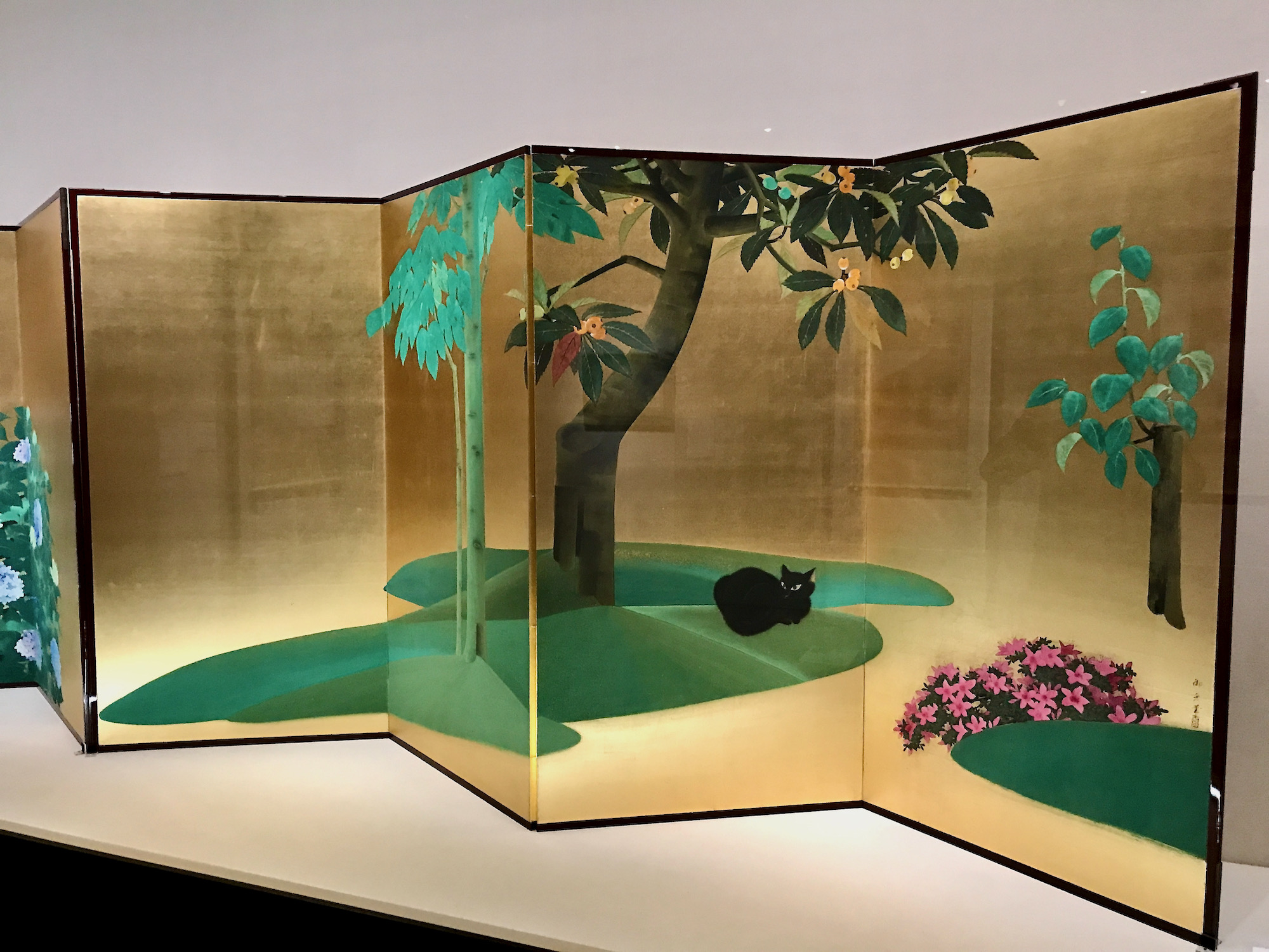 四つ折り屏風 日本画 金箔彩色 紅葉に露草 四つ折り屏風 日本画 金箔