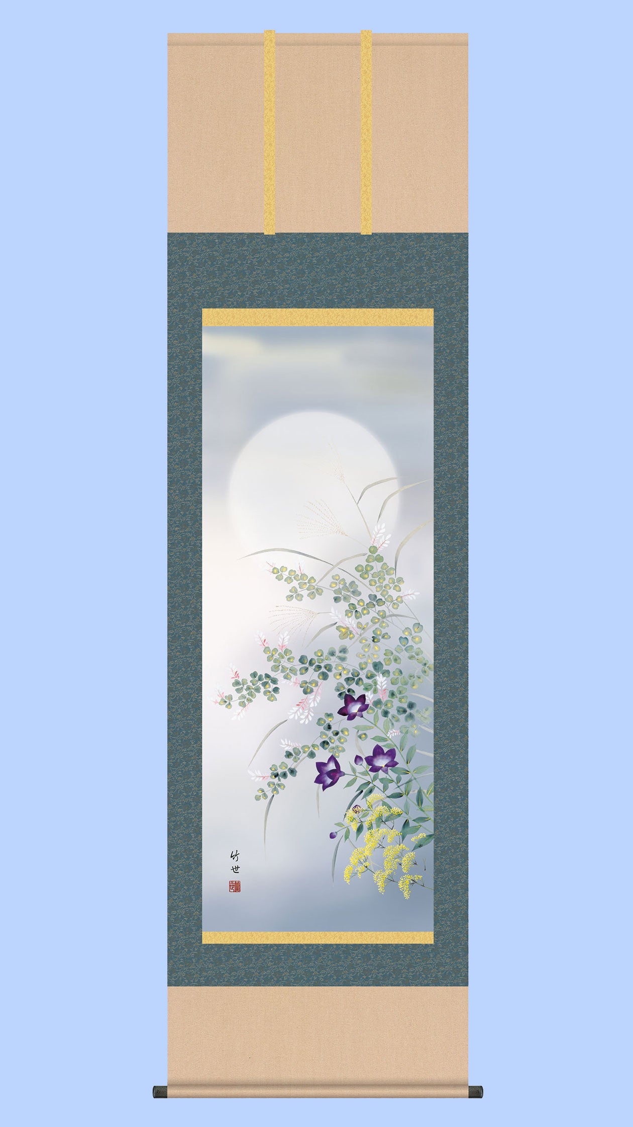 掛軸 簡大神 秋菊 紙箱 画賛 書 花鳥図 秋 小禽 紅葉 7-9