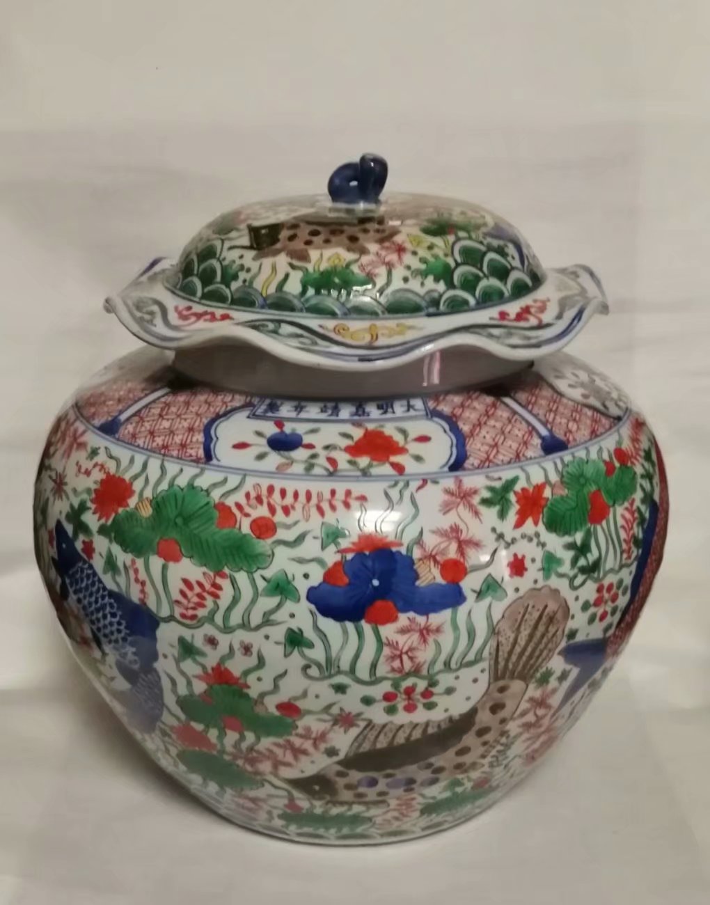 大明嘉靖年製 款 五彩魚藻紋蓋壷 中国古玩 唐物 入手困難 骨董 WWTT316