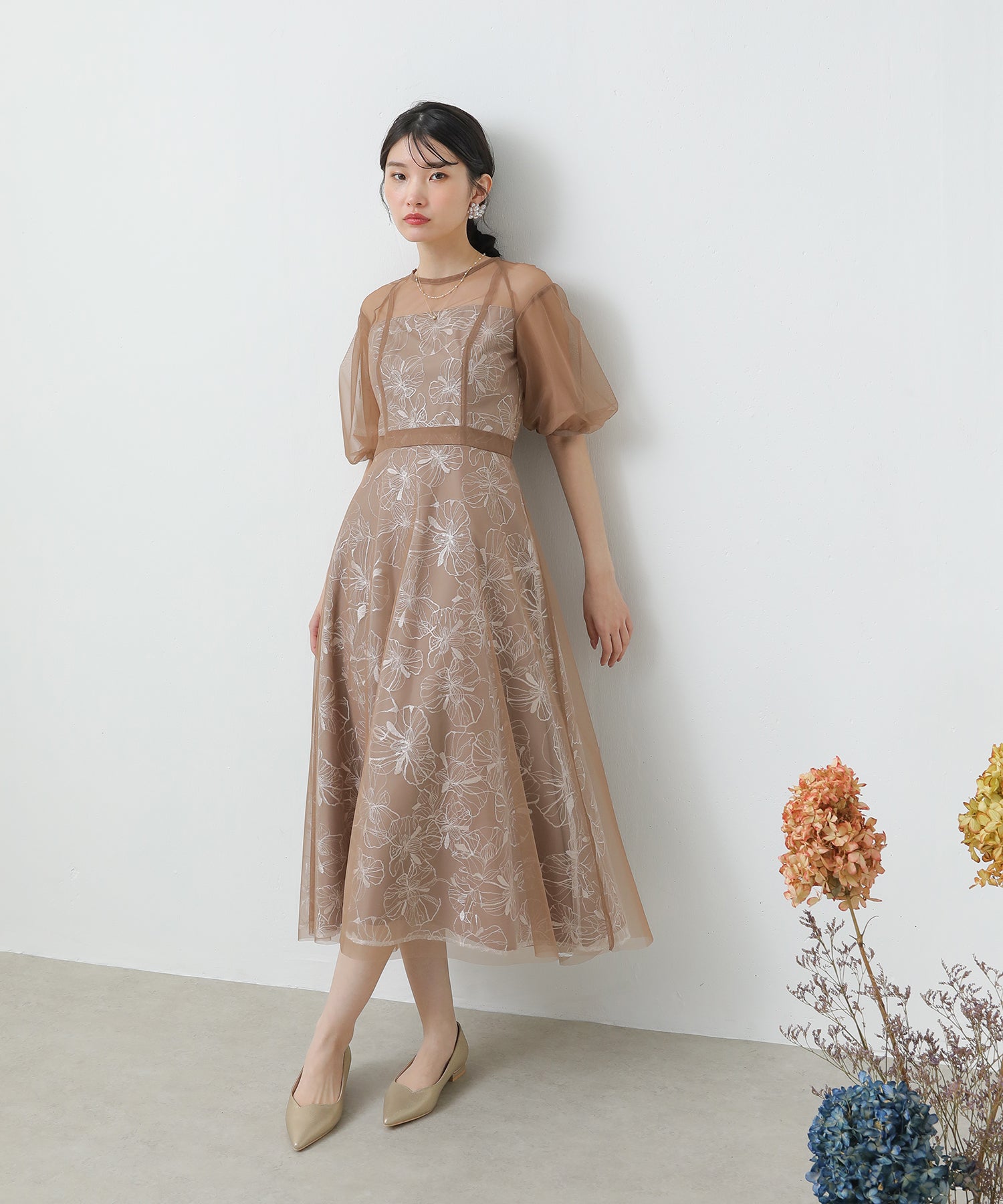 結婚式ドレス kana マスタード モチーフレース シアー ワンピース