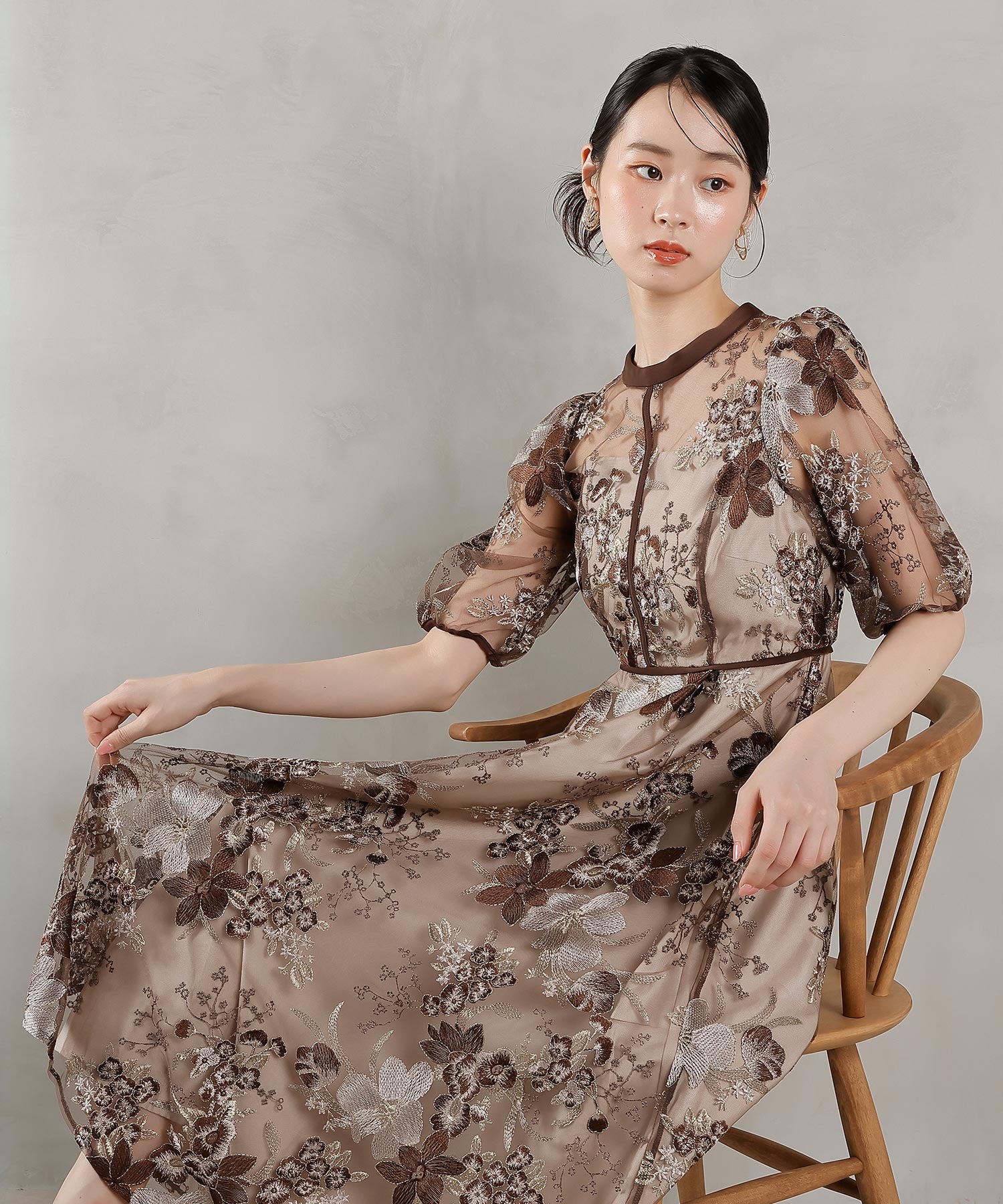 CLANE 花柄刺繍 ロングドレス ベージュ CLANE 花柄刺繍 ロング