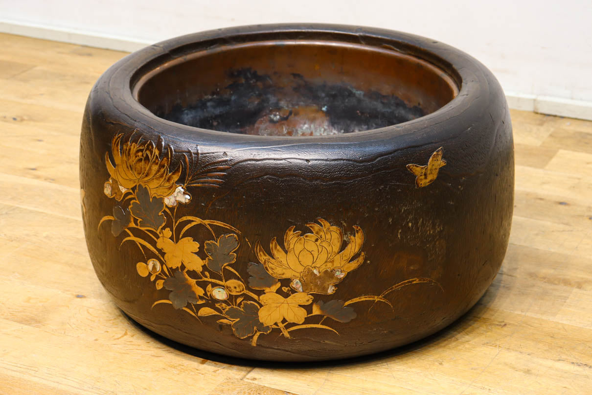 尺参 桐火鉢 金蒔絵 螺鈿細工 幅38.8cm 桐紋 菊 草花 扇面【MB31】 尺