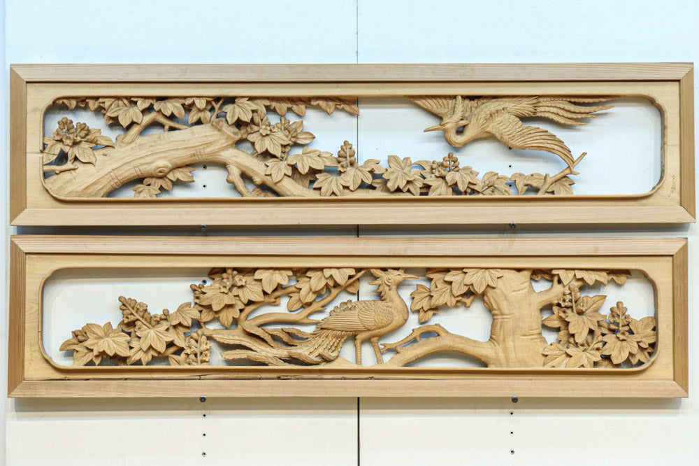 明工鳳雲作高級彫刻木彫刻夫婦2体セット 明工鳳雲作高級彫刻木彫刻夫婦