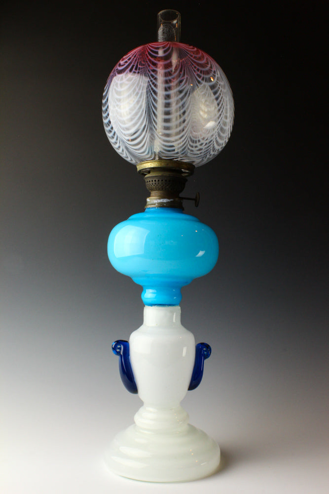 明治期 ガラス製大型オイルランプ花蕾型ランプ/切子油壷/ 水色練台座