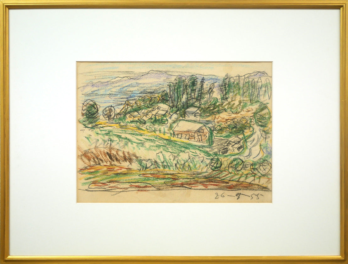 木田金次郎「坂のある風景（画集掲載作品）」クレヨン・紙 絵画買取