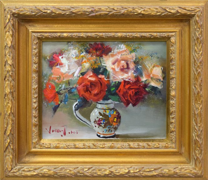 絵画 田浦信勝 肉筆油絵 静物画 黄色いカラー テーブルクロス 絵画