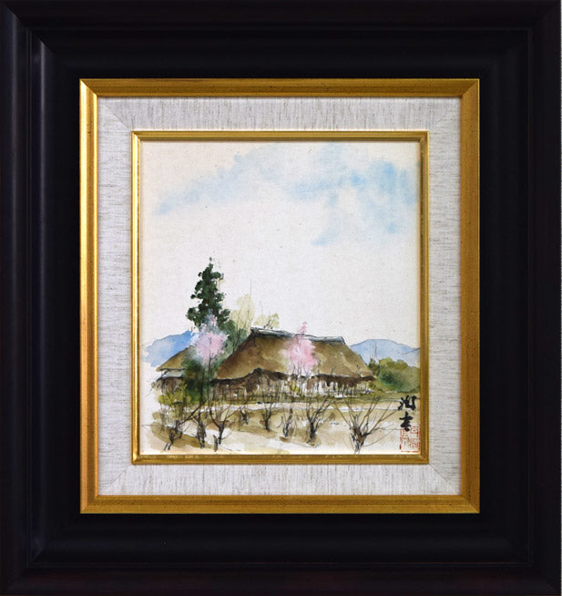 向井潤吉「桃咲く家（秩父）」水彩画 絵画買取・販売の小竹美術