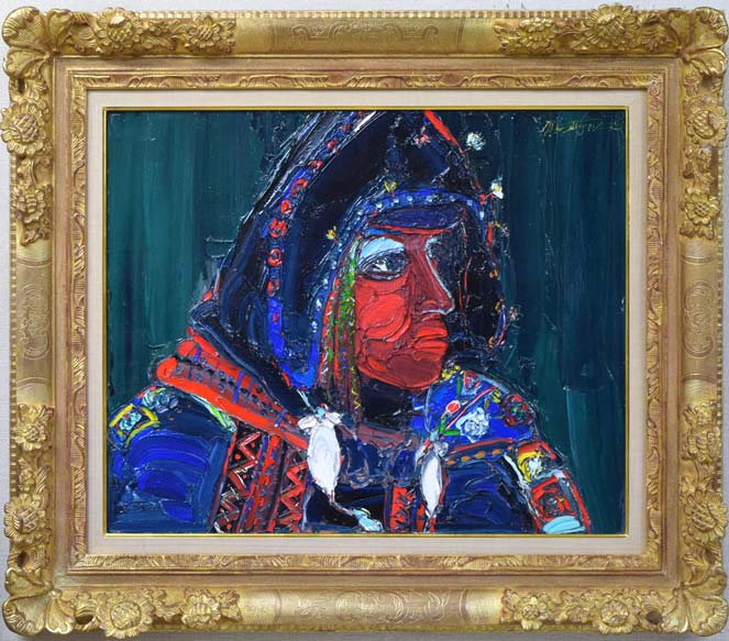 素晴らしい額の印象派風 油彩画 教会のシルエット 素晴らしい額の