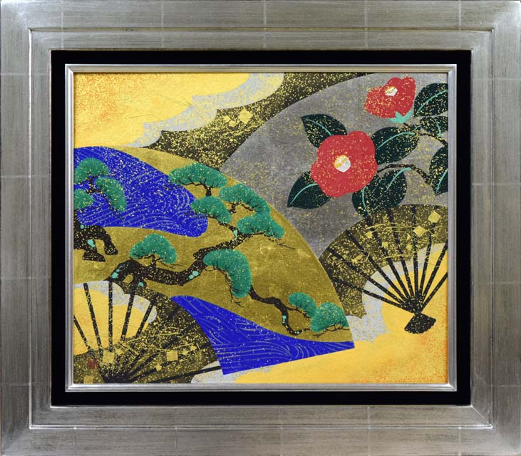 植田環「扇面輝図 松・椿」日本画・F8号 絵画買取・販売の小竹美術