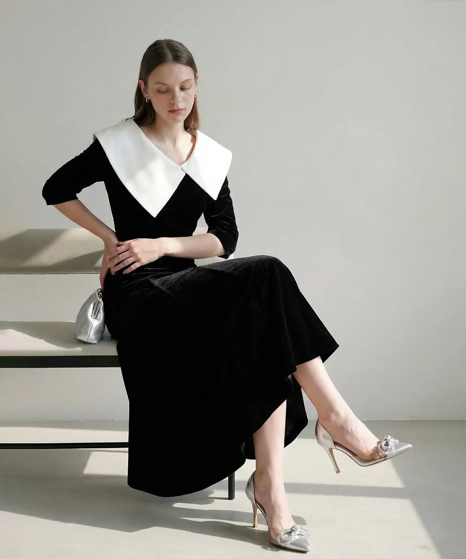 当日発送】アシンメトリービッグカラーベロアマーメイドドレス