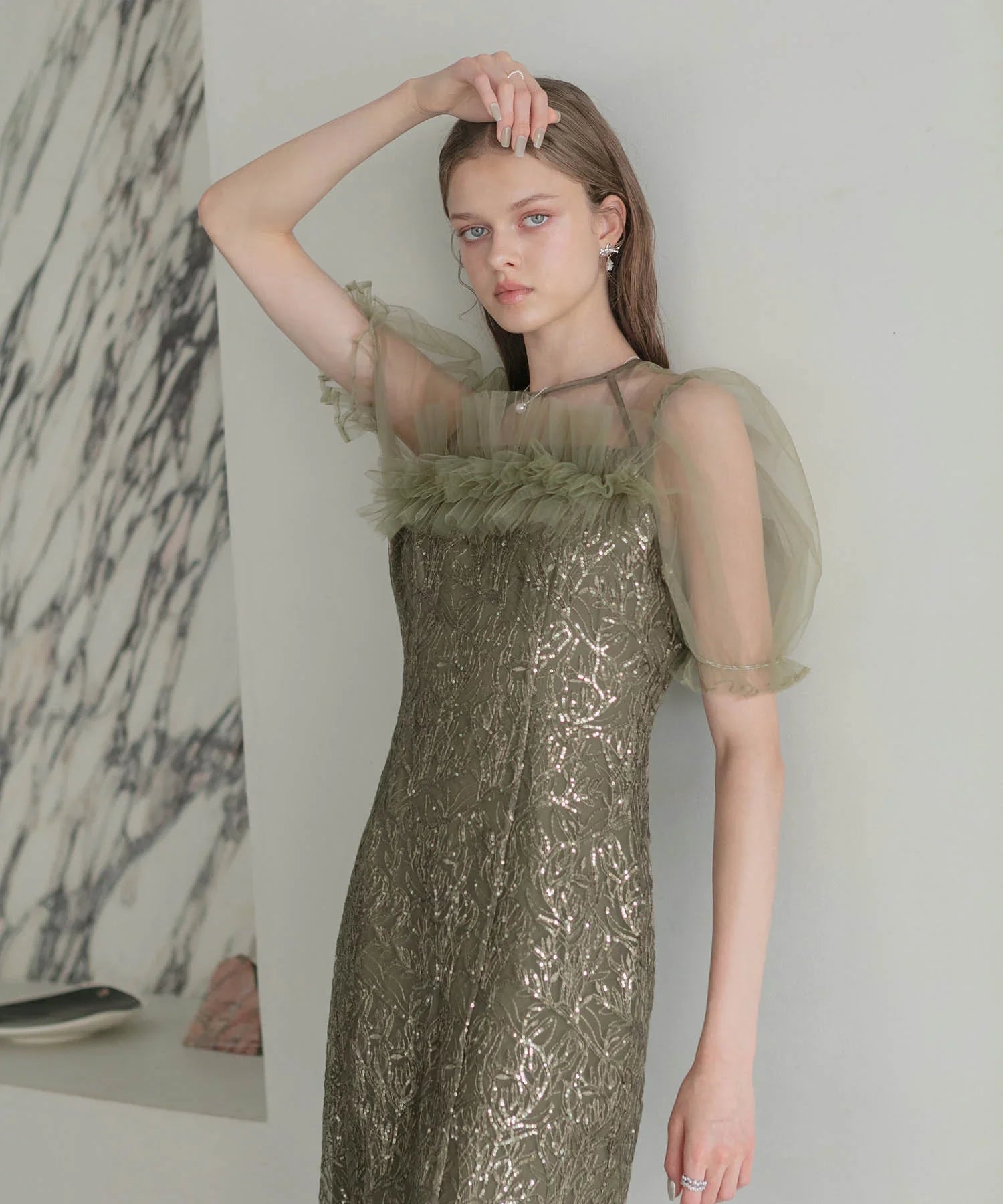 当日発送】チュールフラワースパンコールIラインワンピース結婚式ドレス