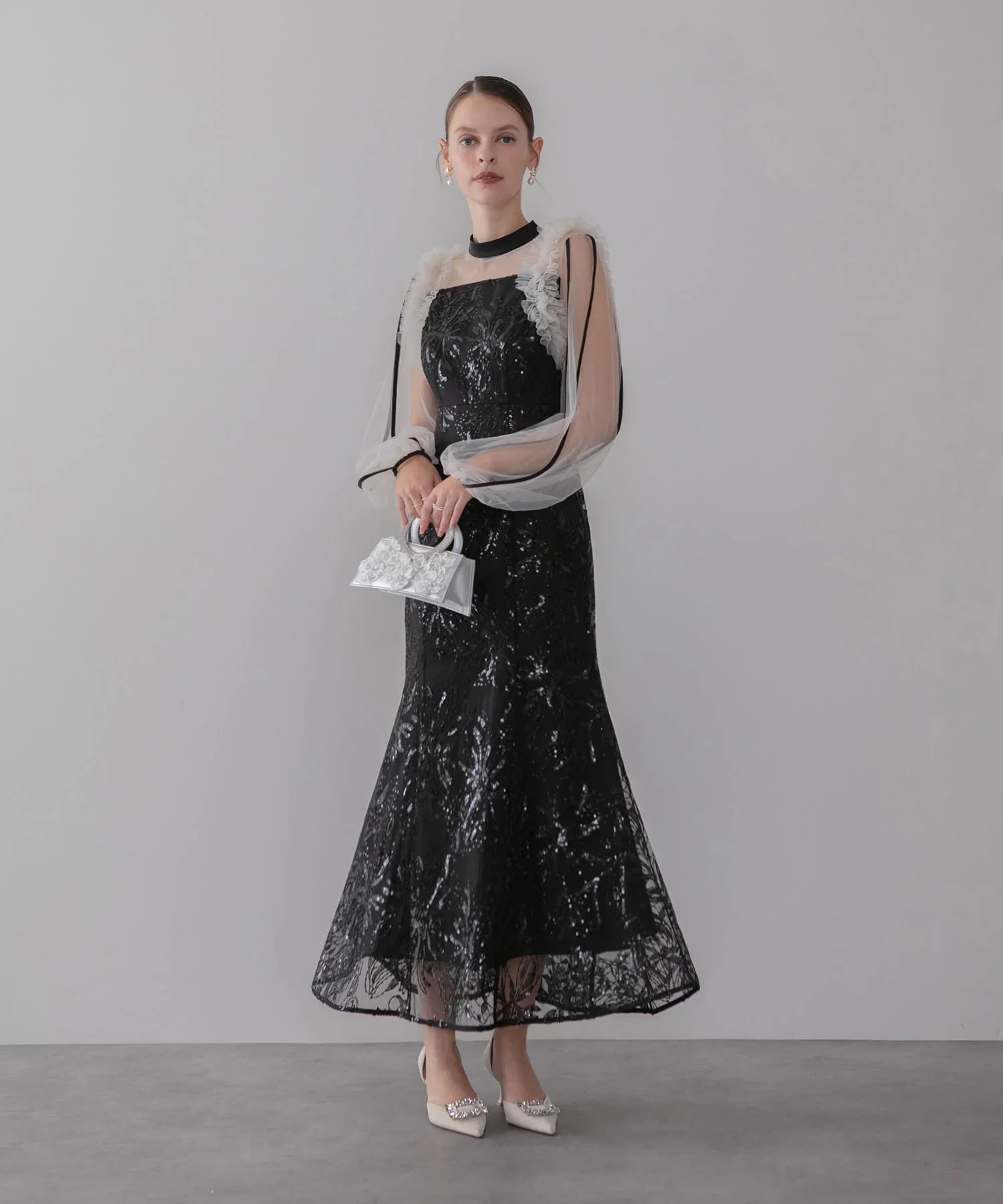 予約販売】フラワースパンコールチュールフリルロングスリーブ