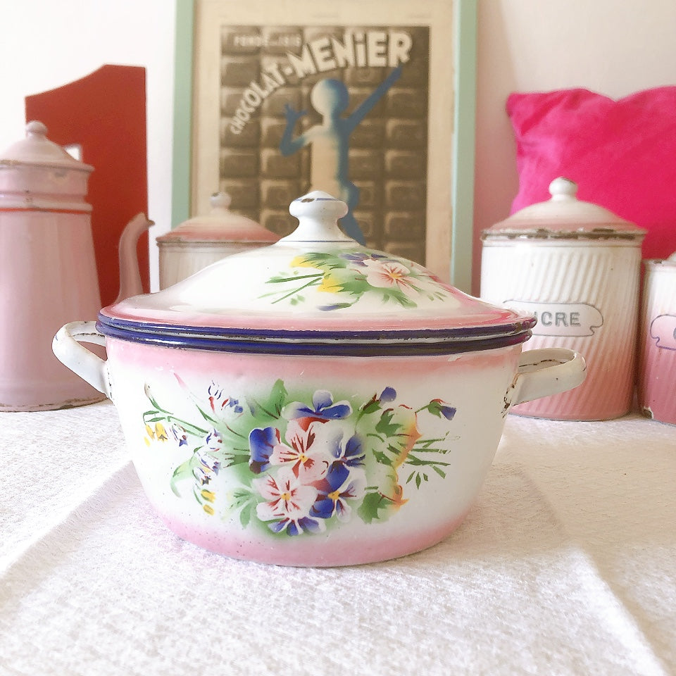 フランスJAPYジャピー社 アンティークホーロー両手鍋 ピンクローズ