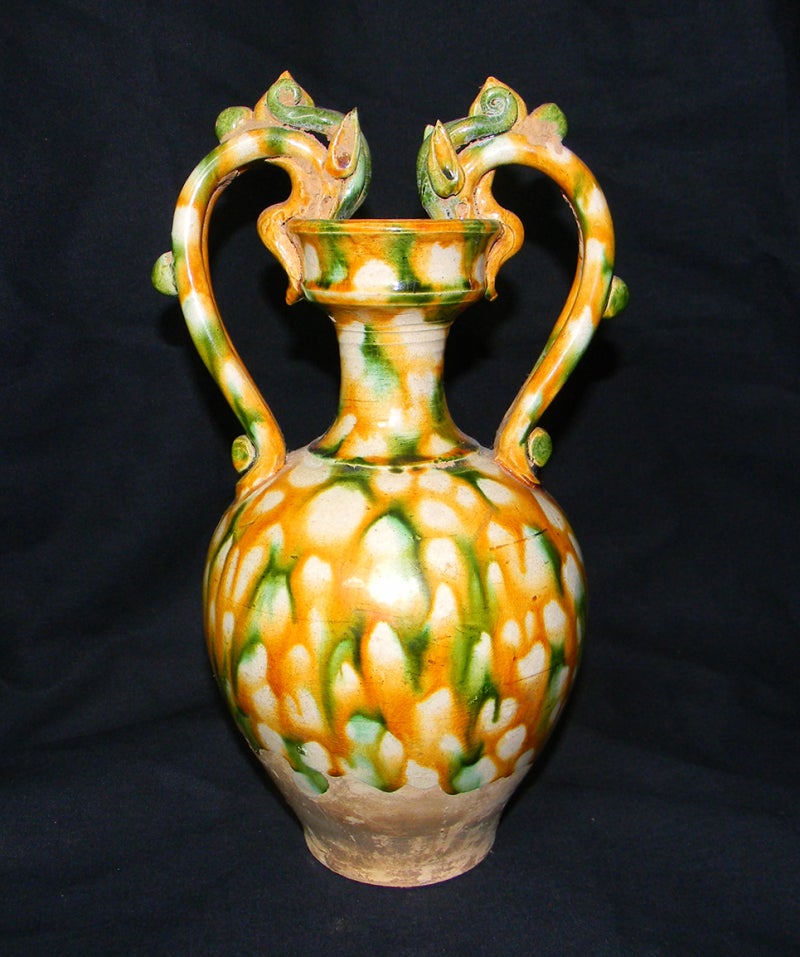 時代 唐綠黄秞竜耳瓶 中国 時代 唐綠黄秞竜耳瓶 中国 時代 唐綠黄秞竜