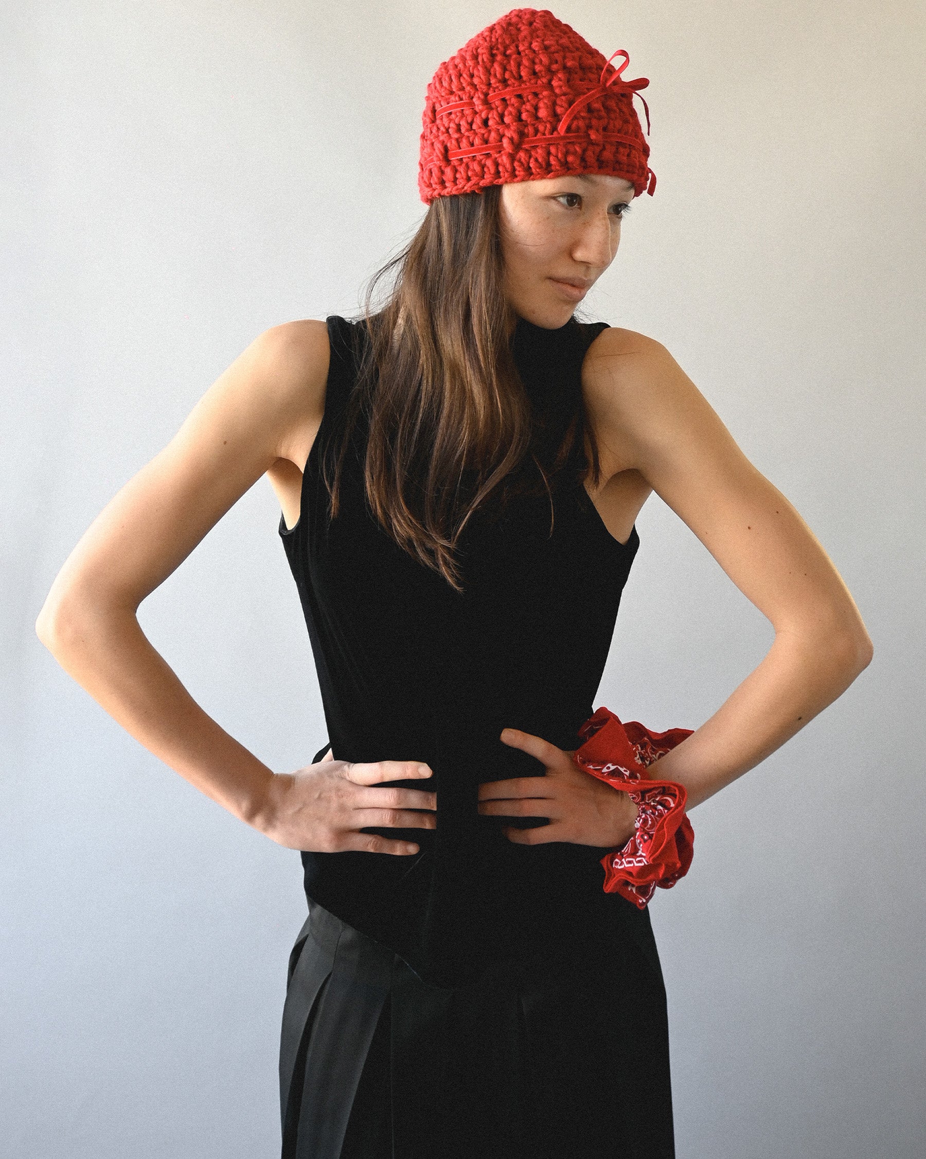 Short Ribbon beanie red crocheant ribbon short beanie