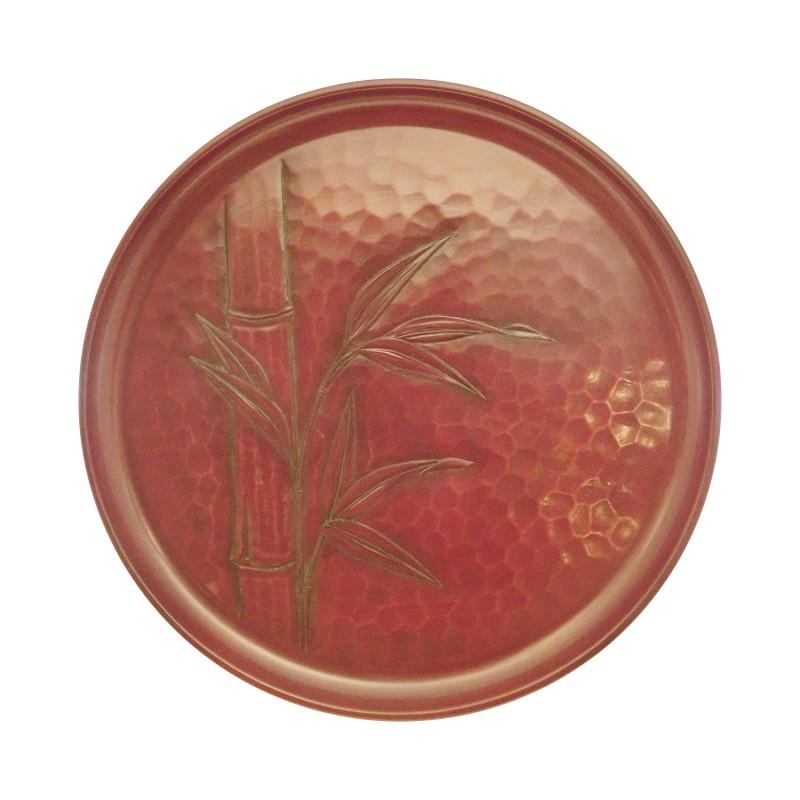 竹デザイン 漆器盆 赤内側 藍胎漆器 木製 竹細工 細やかな網代模様が