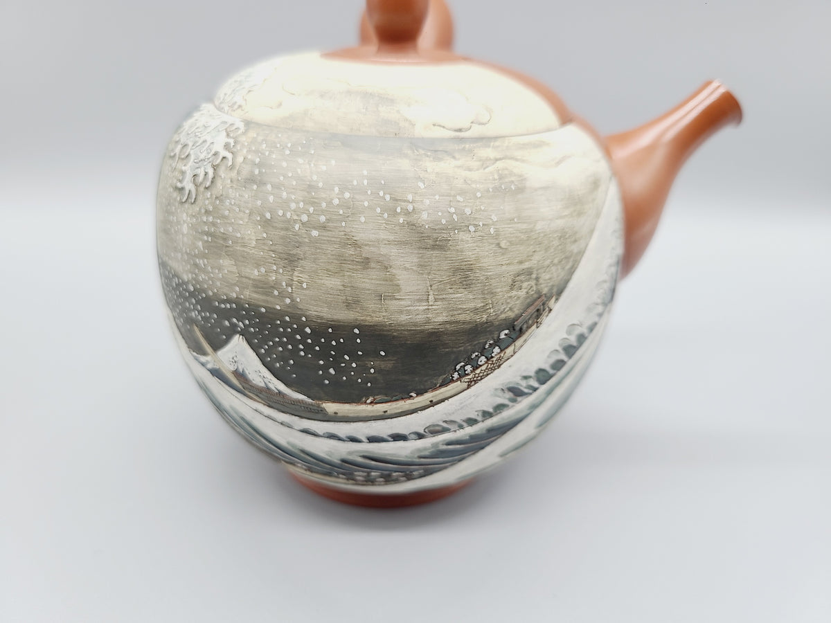 常滑名工 吉川秀樹 ( 雪堂 ) 作 急須 緑泥 常滑焼 壷堂刻 富嶽三