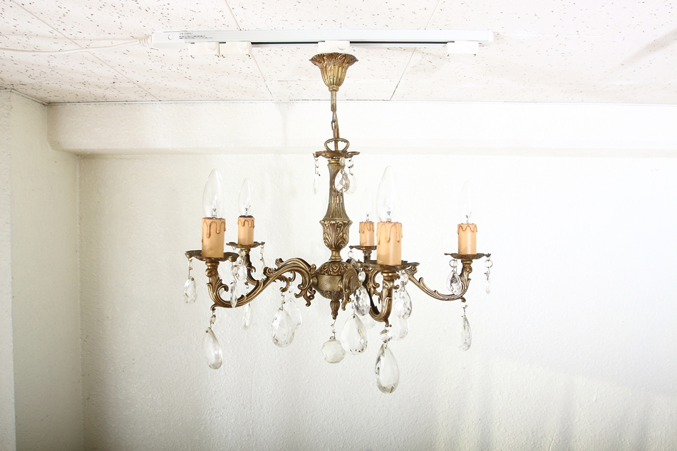 アンティークブラス ガラスドロップシャンデリア(5灯)｜アンティーク