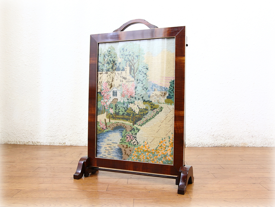 イギリス アンティーク 家具 ファイヤースクリーン 衝立 刺繍 英国